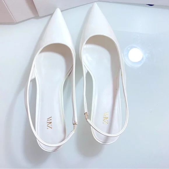 Zara White Slingback low Heels Pointed Toe Faux Patent leather EU40 US9M - Picture 3 of 11